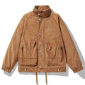 Men's Corduroy Polyester Stand Collar Ribbed Side Pocket Solid Jacket Brown