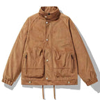 Men's Corduroy Polyester Stand Collar Ribbed Side Pocket Solid Jacket Brown