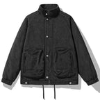 Men's Corduroy Polyester Stand Collar Ribbed Side Pocket Solid Jacket Black