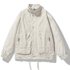 Men's Corduroy Polyester Stand Collar Ribbed Side Pocket Solid Jacket White