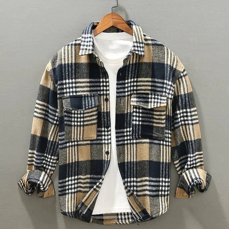 Men's Herringbone Flannel Shirt - Check Pattern - Relaxed Fit - Button Closure Brown