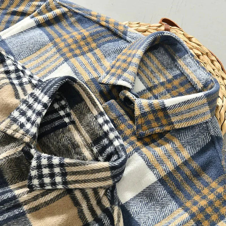 Men's Herringbone Flannel Shirt - Check Pattern - Relaxed Fit - Button Closure