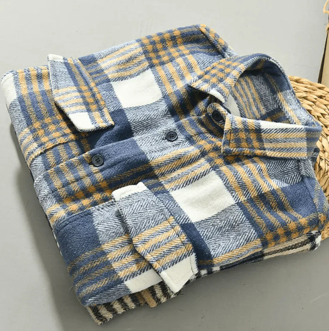 Men's Herringbone Flannel Shirt - Check Pattern - Relaxed Fit - Button Closure