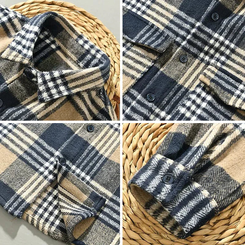 Men's Herringbone Flannel Shirt - Check Pattern - Relaxed Fit - Button Closure