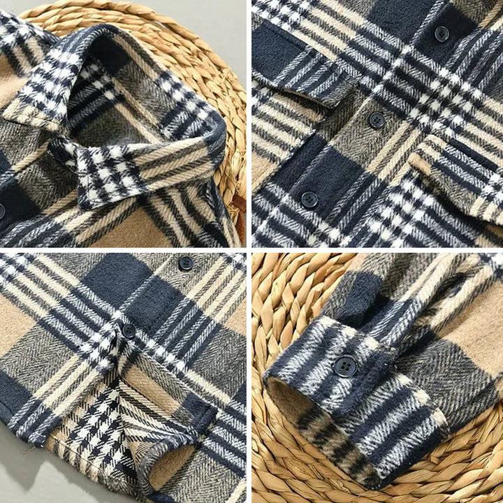 Men's Herringbone Flannel Shirt - Check Pattern - Relaxed Fit - Button Closure