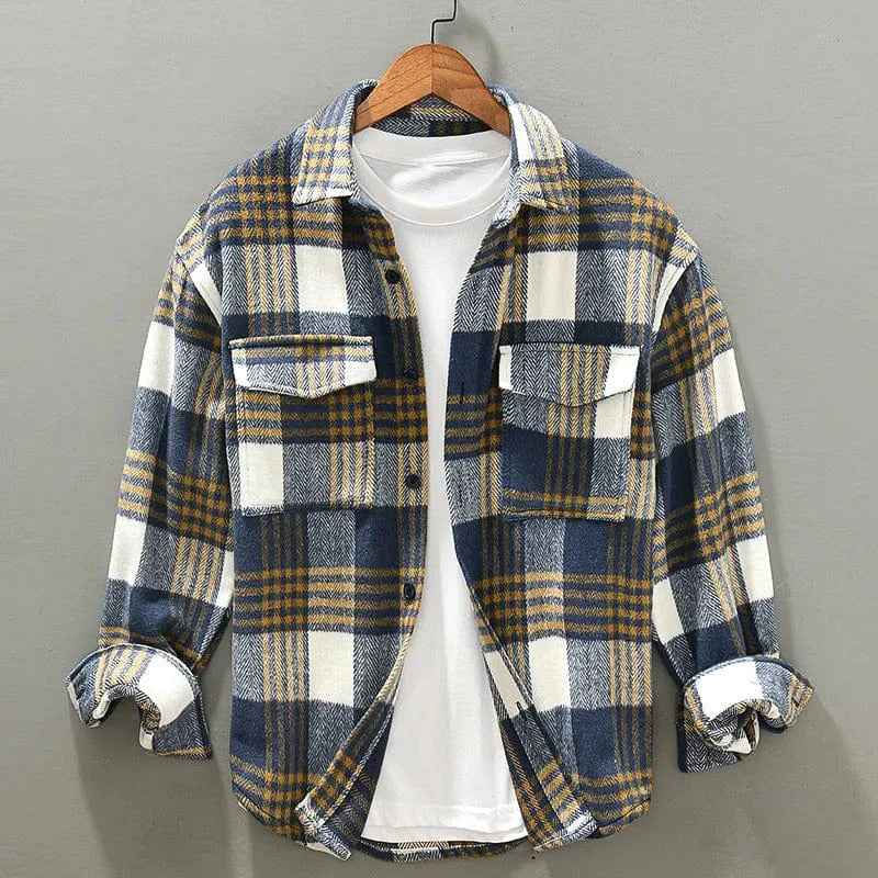 Men's Herringbone Flannel Shirt - Check Pattern - Relaxed Fit - Button Closure Blue