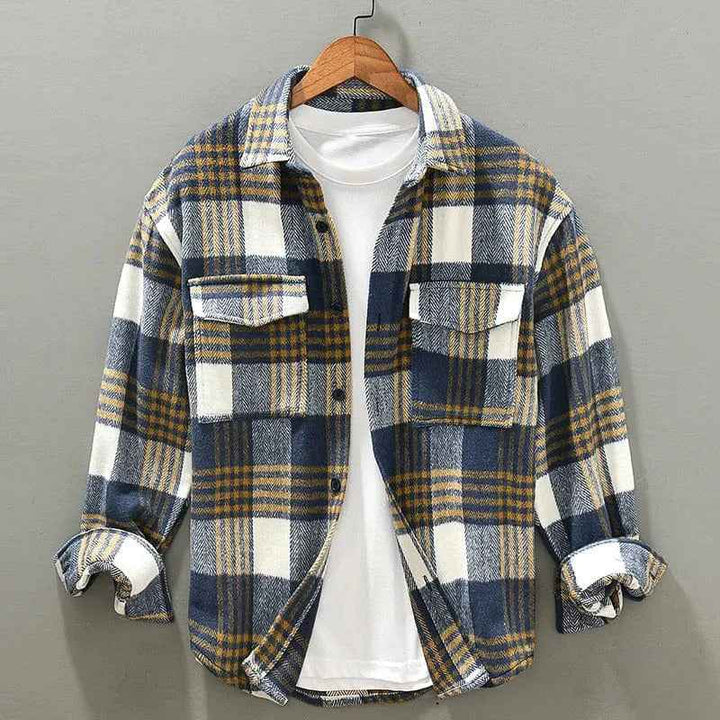Men's Herringbone Flannel Shirt - Check Pattern - Relaxed Fit - Button Closure Blue