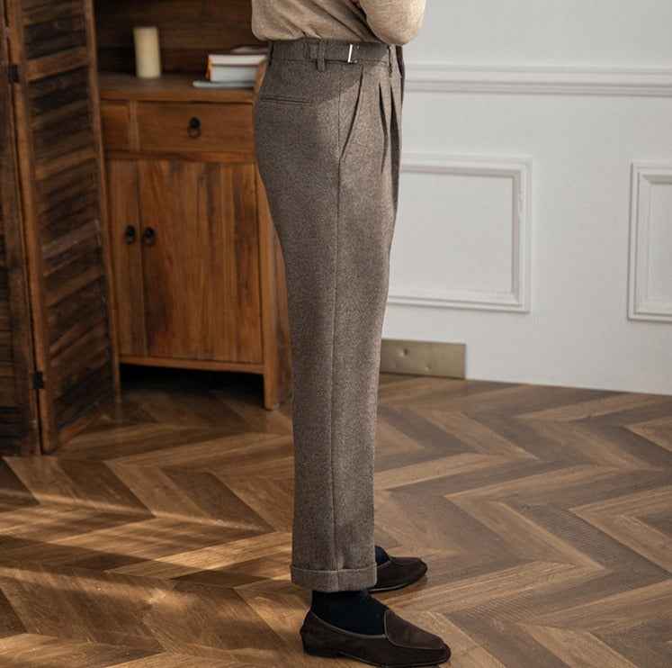 Men's High-Waisted Trousers with Side Buckle and Pleats