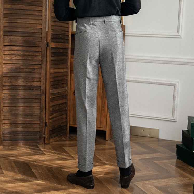 Men's High-Waisted Trousers with Side Buckle and Pleats