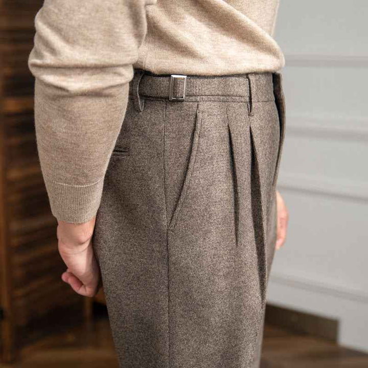 Men's High-Waisted Trousers with Side Buckle and Pleats