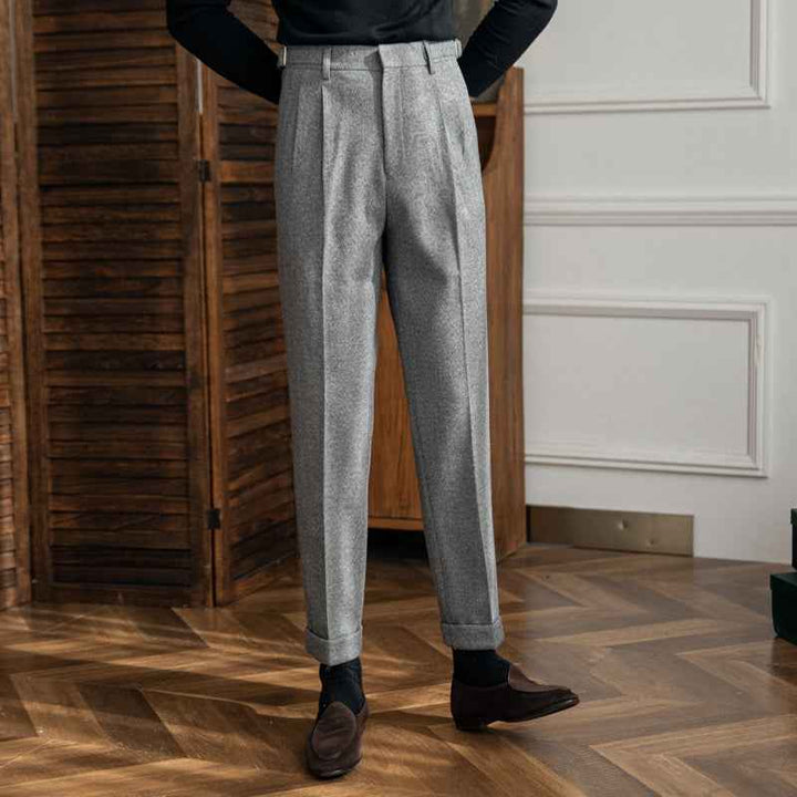 Men's High-Waisted Trousers with Side Buckle and Pleats Gray