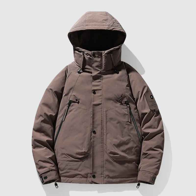 Men's Hip-Length Hooded Puffer Jacket | Detachable Hood & Relaxed Fit Brown