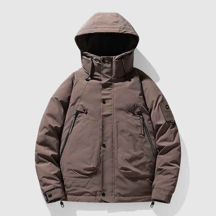 Men's Hip-Length Hooded Puffer Jacket | Detachable Hood & Relaxed Fit Brown