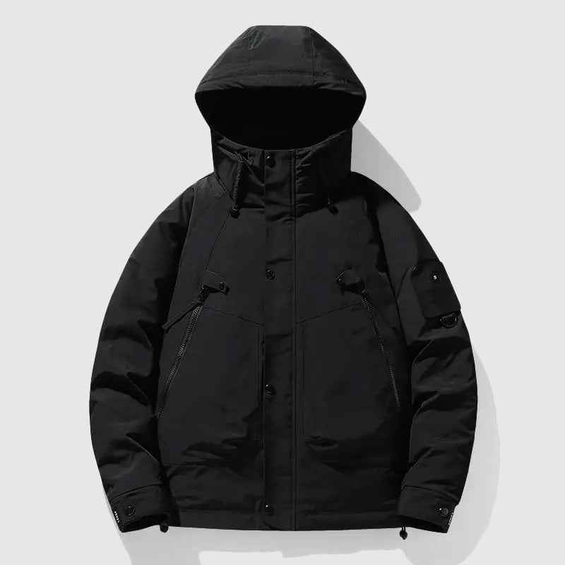 Men's Hip-Length Hooded Puffer Jacket | Detachable Hood & Relaxed Fit Black
