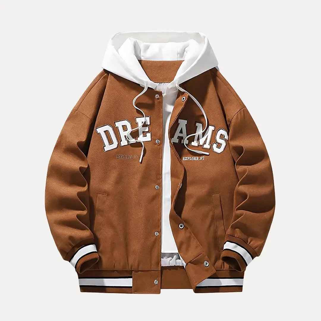 Men's All Season Hooded Baseball Varsity White Winter Jacket Coffee