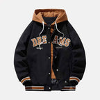 Men's All Season Hooded Baseball Varsity White Winter Jacket Black