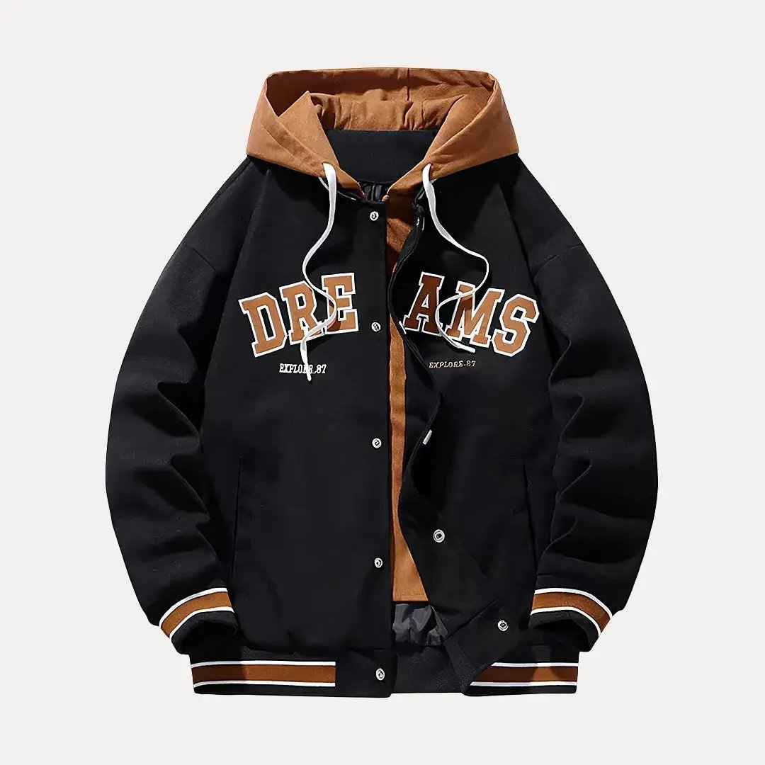 Men's All Season Hooded Baseball Varsity White Winter Jacket Black
