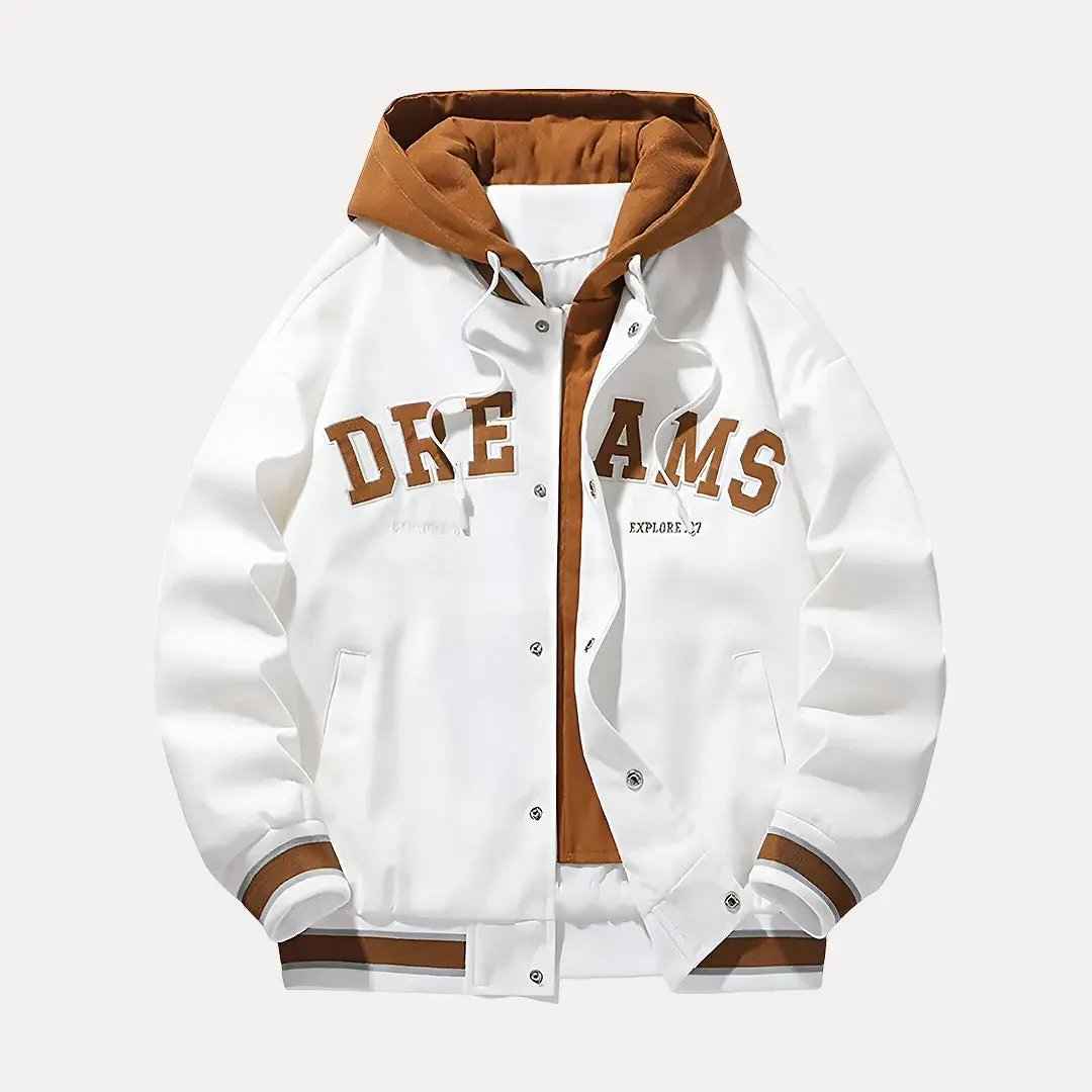 Men's All Season Hooded Baseball Varsity White Winter Jacket White