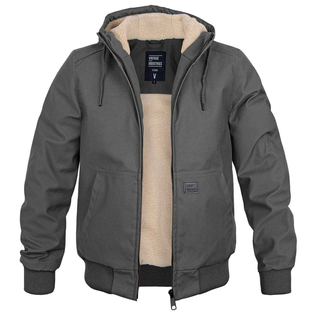 Men's Hooded Bomber Jacket | Drawstring Hood & Ribbed Cuffs Grey