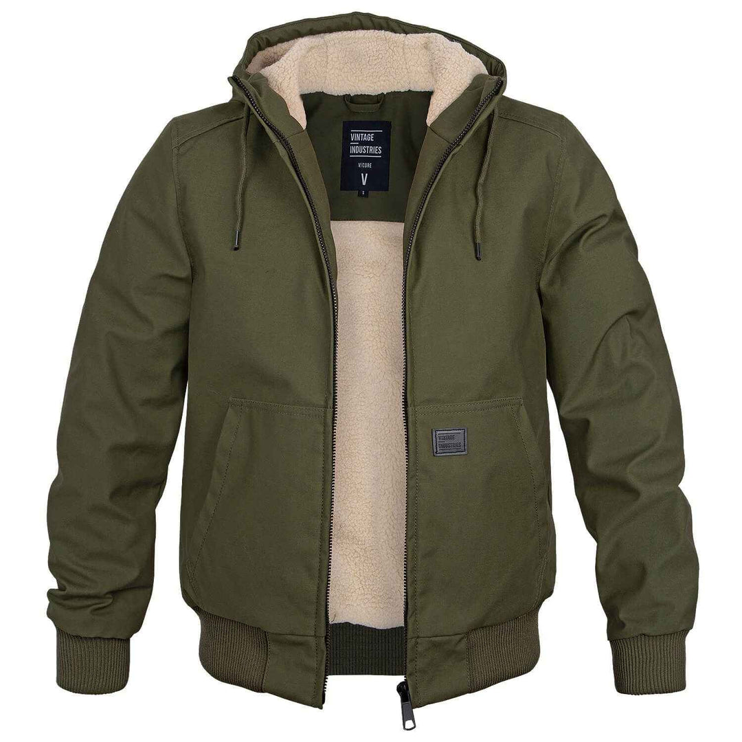 Men's Hooded Bomber Jacket | Drawstring Hood & Ribbed Cuffs Dark Olive
