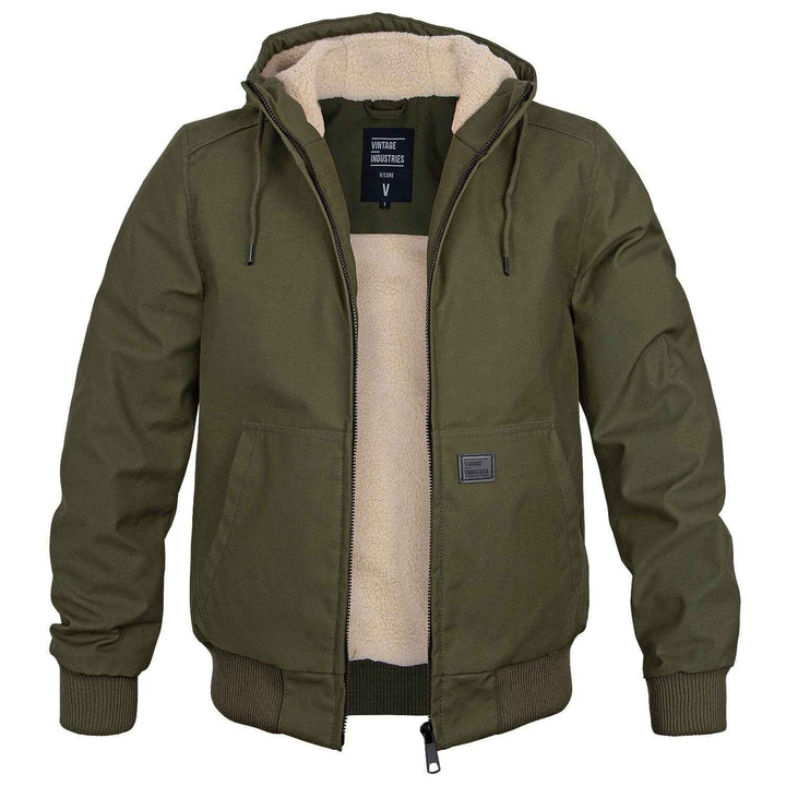 Men's Hooded Bomber Jacket | Drawstring Hood & Ribbed Cuffs Dark Olive