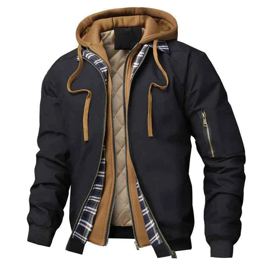Men's Cotton Polyester Hooded Zip-front Drawstring Ribbed Jacket Black