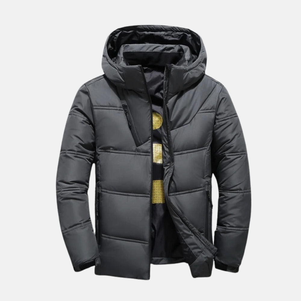 Men's Hooded Down Jacket – Regular Fit – Lined – Full Zip – Pockets Dark Grey