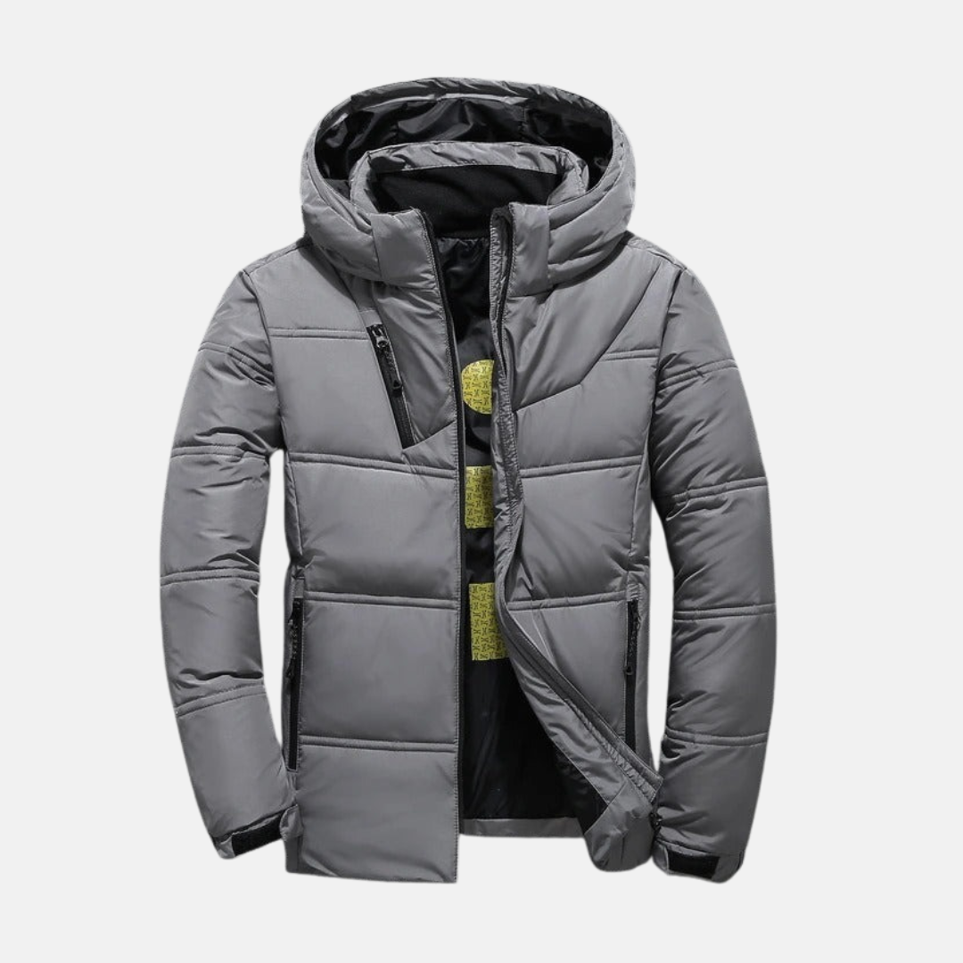 Men's Hooded Down Jacket – Regular Fit – Lined – Full Zip – Pockets Light Grey
