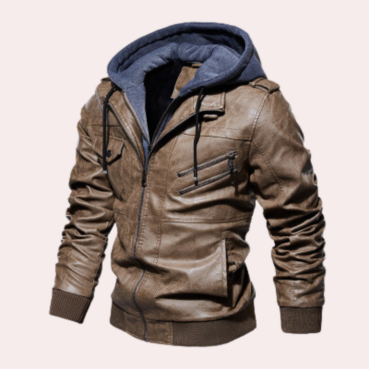 Men's Hooded Faux Leather Jacket – Tailored Fit with Quilted Lining & Zipper Pockets Light Brown
