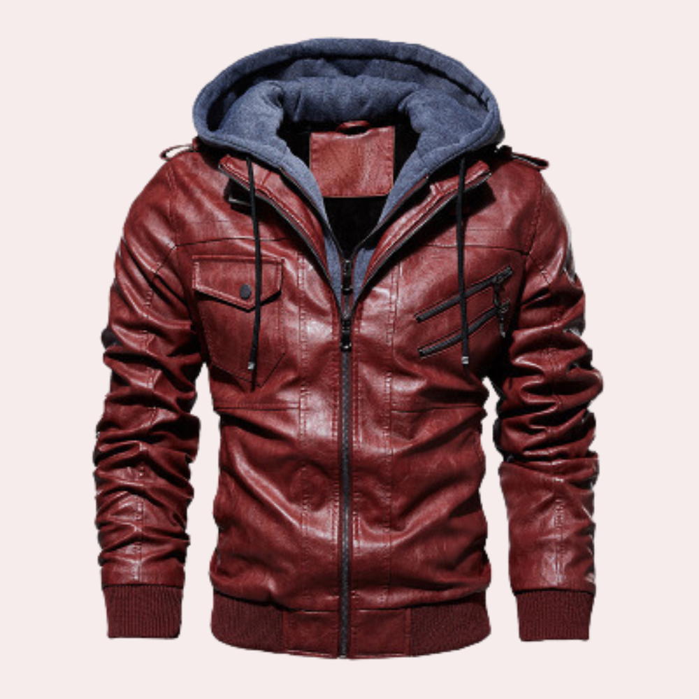 Men's Hooded Faux Leather Jacket – Tailored Fit with Quilted Lining & Zipper Pockets Red