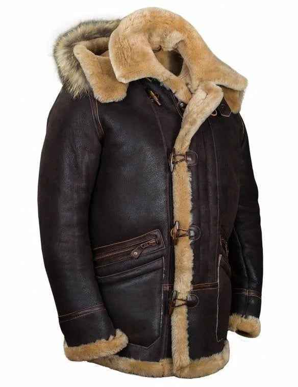 Men's Hooded Jacket – Faux Leather Finish – Cozy Lining – Toggle Closure Brown