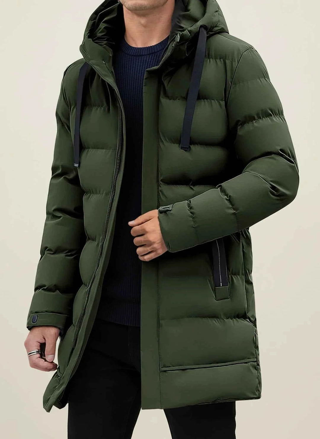 Men's Hooded Long Puffer Winter Jacket Green
