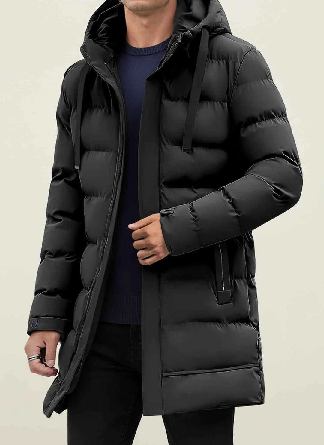 Men's Hooded Long Puffer Winter Jacket Black