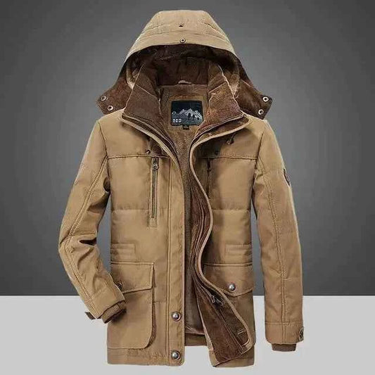 Men's Polyester Hooded Hood Pockets Cuffs Solid Khaki Winter Jacket Khaki