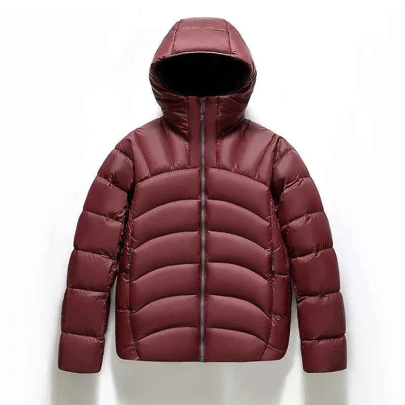 Men's Hooded Quilted Puffer Jacket with Zip Closure and High Neck Bordeaux