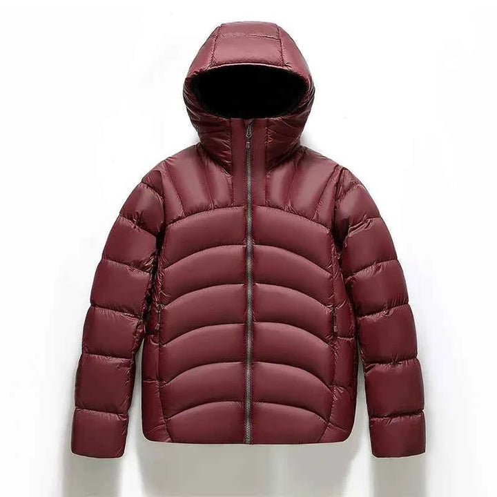 Men's Hooded Quilted Puffer Jacket with Zip Closure and High Neck Bordeaux