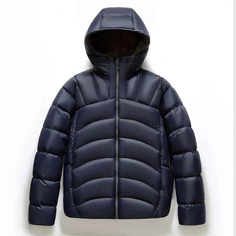 Men's Hooded Quilted Puffer Jacket with Zip Closure and High Neck Navy Blue
