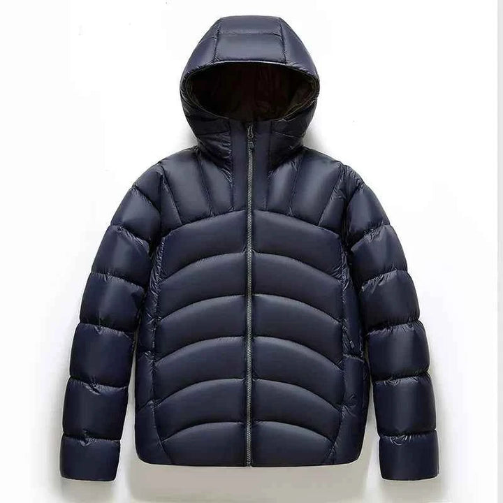 Men's Hooded Quilted Puffer Jacket with Zip Closure and High Neck Navy Blue