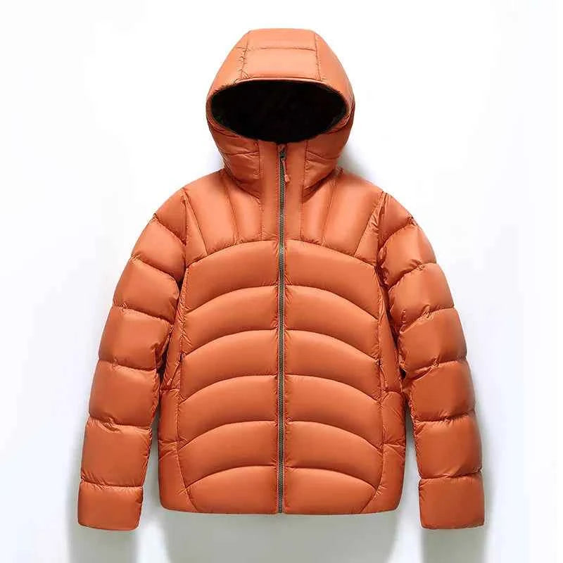 Men's Hooded Quilted Puffer Jacket with Zip Closure and High Neck Orange