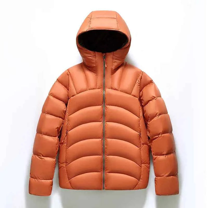 Men's Hooded Quilted Puffer Jacket with Zip Closure and High Neck Orange