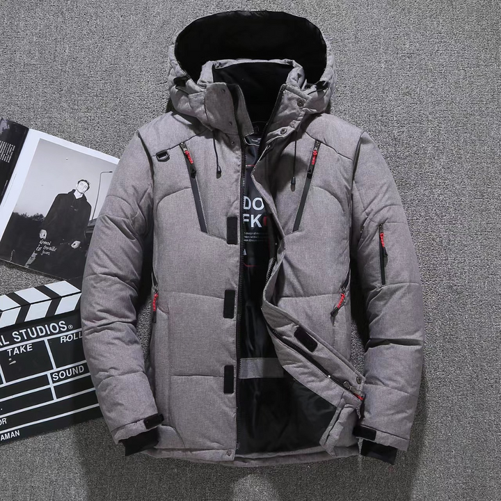 Men's Insulated Puffer Jacket – Regular Fit – Adjustable Hood & Cuffs – Multiple Zipper Pockets Grey