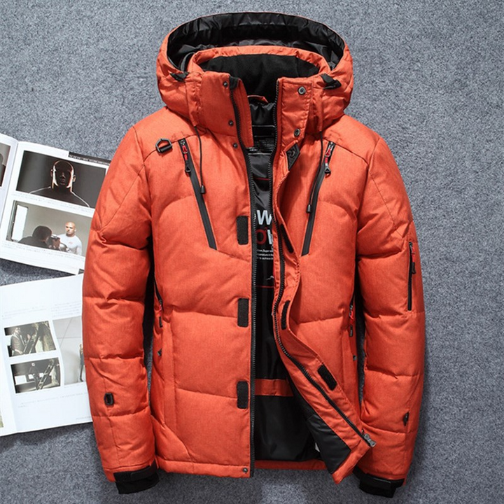 Men's Insulated Puffer Jacket – Regular Fit – Adjustable Hood & Cuffs – Multiple Zipper Pockets Orange