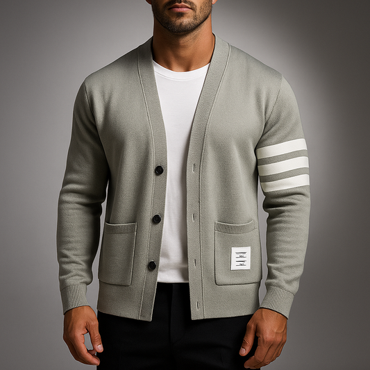 Men's Black Viscose Blend Stripe Sleeve Stand Collar Cardigan