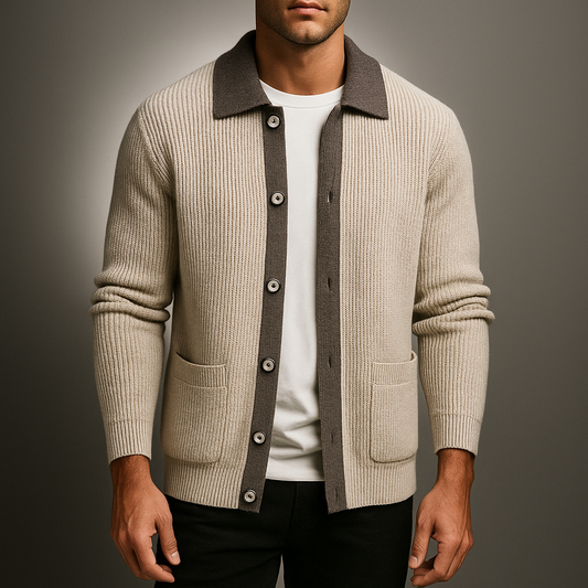 Men's Beige Dense Cotton Two Tone Button Front Relaxed Cardigan Beige