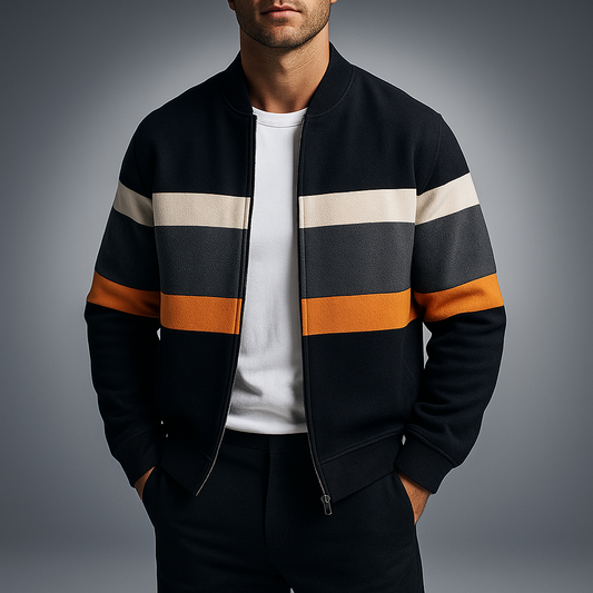 Men's Green Knit Stand Collar Stripe Accent Zip Pocket Cardigan Orange