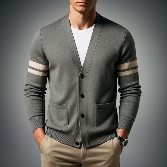 Men's Black Wool Blend Stripe Sleeve Pocket Relaxed Cardigan Light Gray