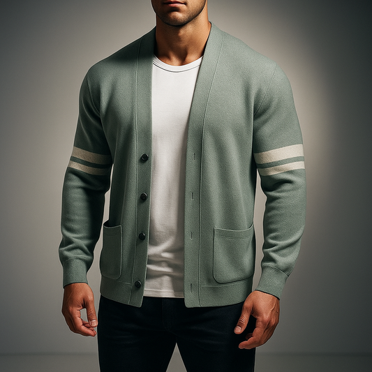 Men's Black Wool Blend Stripe Sleeve Pocket Relaxed Cardigan Green