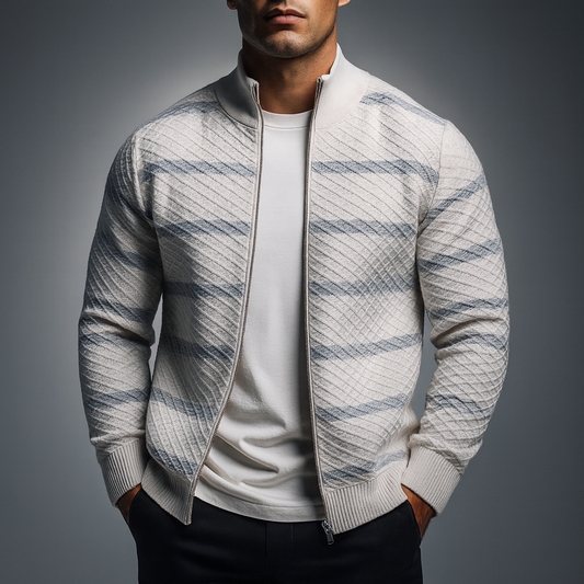 Men's Polyester Relaxed Fit Textured Stand Collar Ribbed Hem Cardigan Light Gray