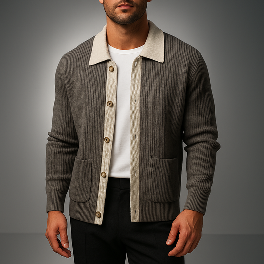 Men's Beige Dense Cotton Two Tone Button Front Relaxed Cardigan Gray