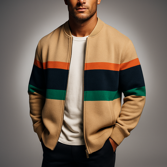 Men's Green Knit Stand Collar Stripe Accent Zip Pocket Cardigan Khaki